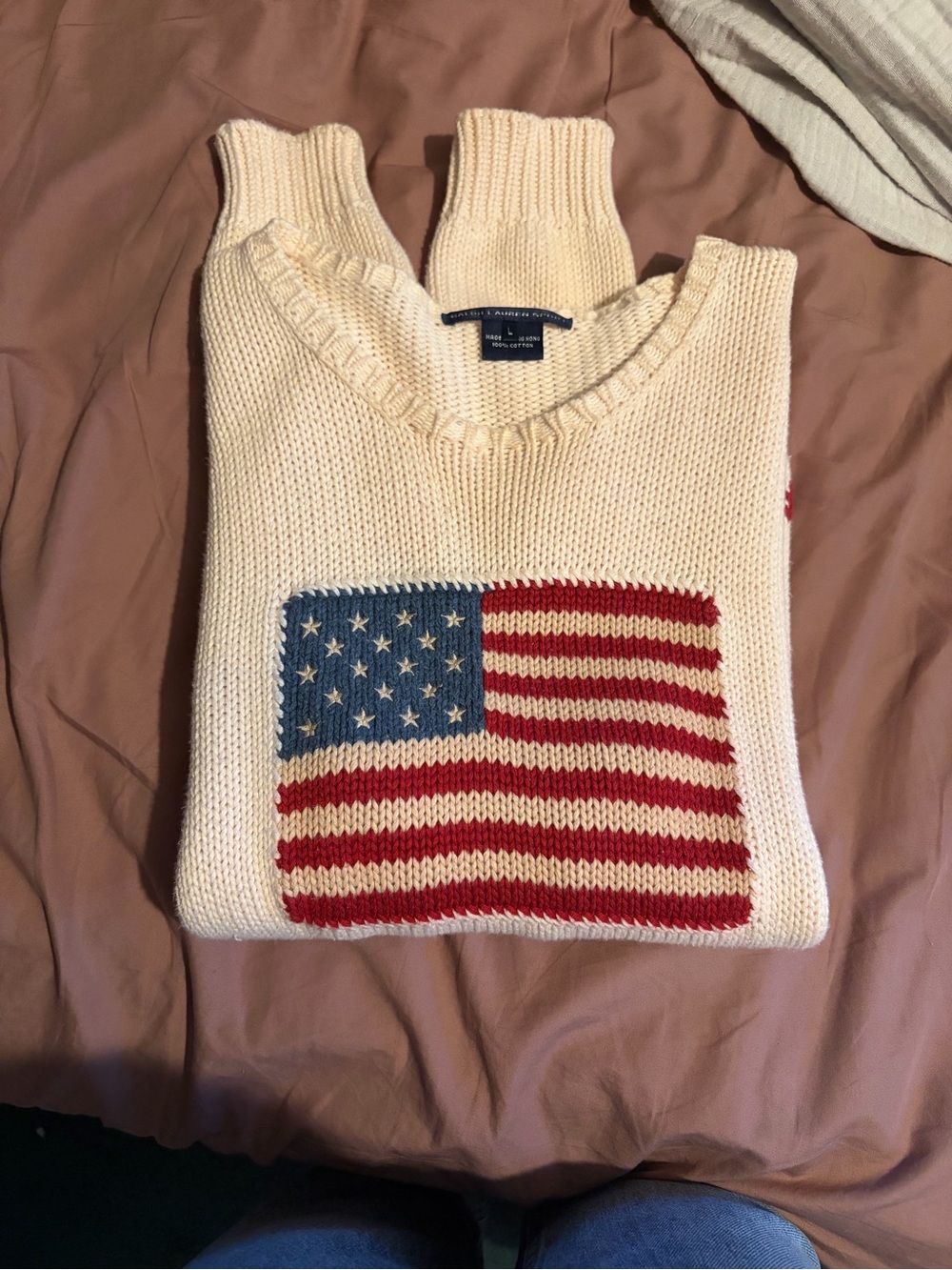 Ralph Lauren Cream Crewneck Sweater with Red & Blue Flag Motif
